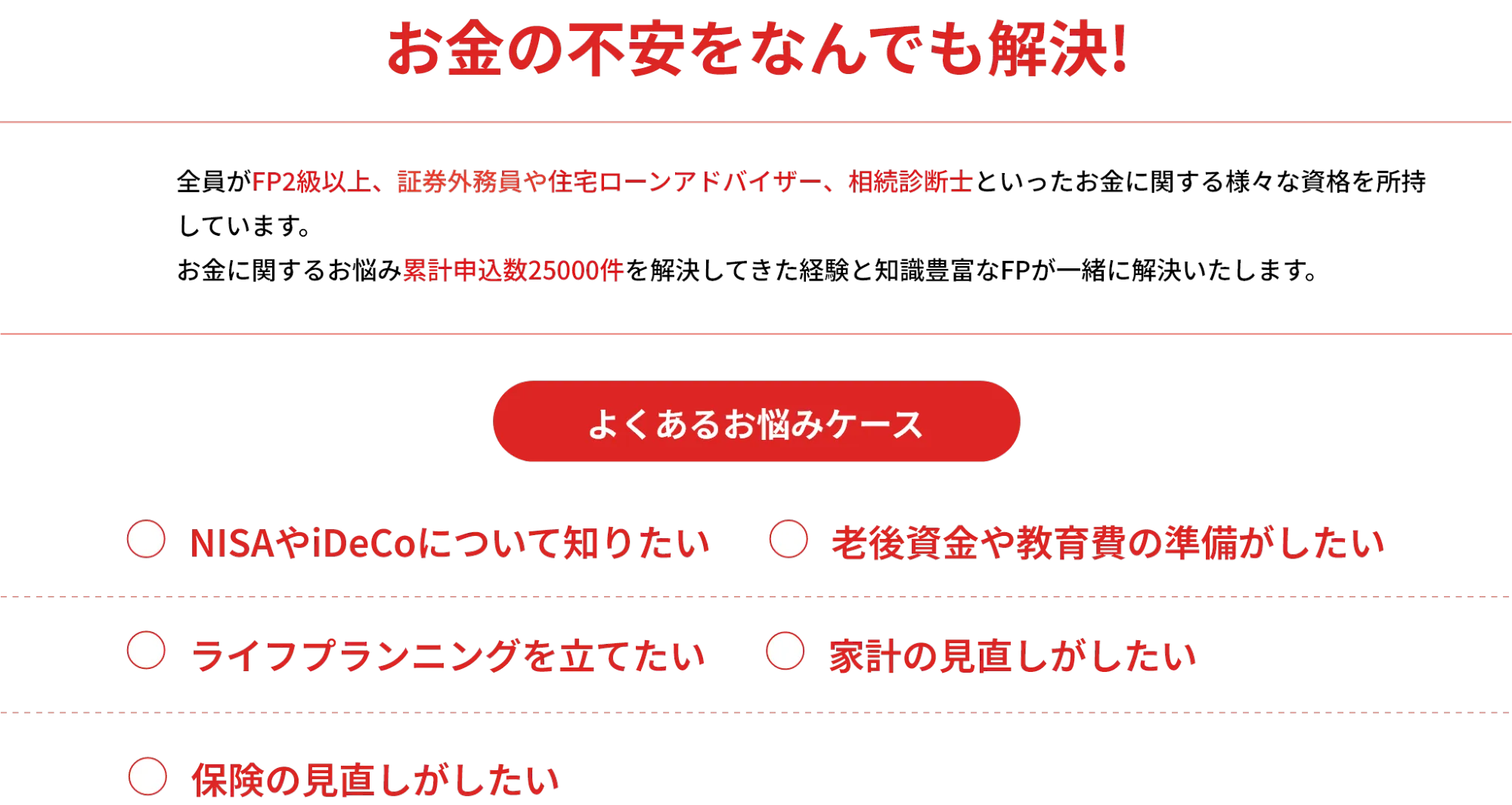 全員がFP2級以上、証券外務員や住宅ローンアドバイザー、相続診断士といったお金に関する様々な資格を所持しています。
          お金に関するお悩み累計申込数25000件を解決してきた経験と知識豊富なFPが一緒に解決いたします。
          
          よくあるお悩みケース
          〇 NISAやiDeCoについて知りたい
          〇 老後資金や教育費の準備がしたい
          〇 ライフプランニングを立てたい
          〇 家計の見直しがしたい
          〇 保険の見直しがしたい