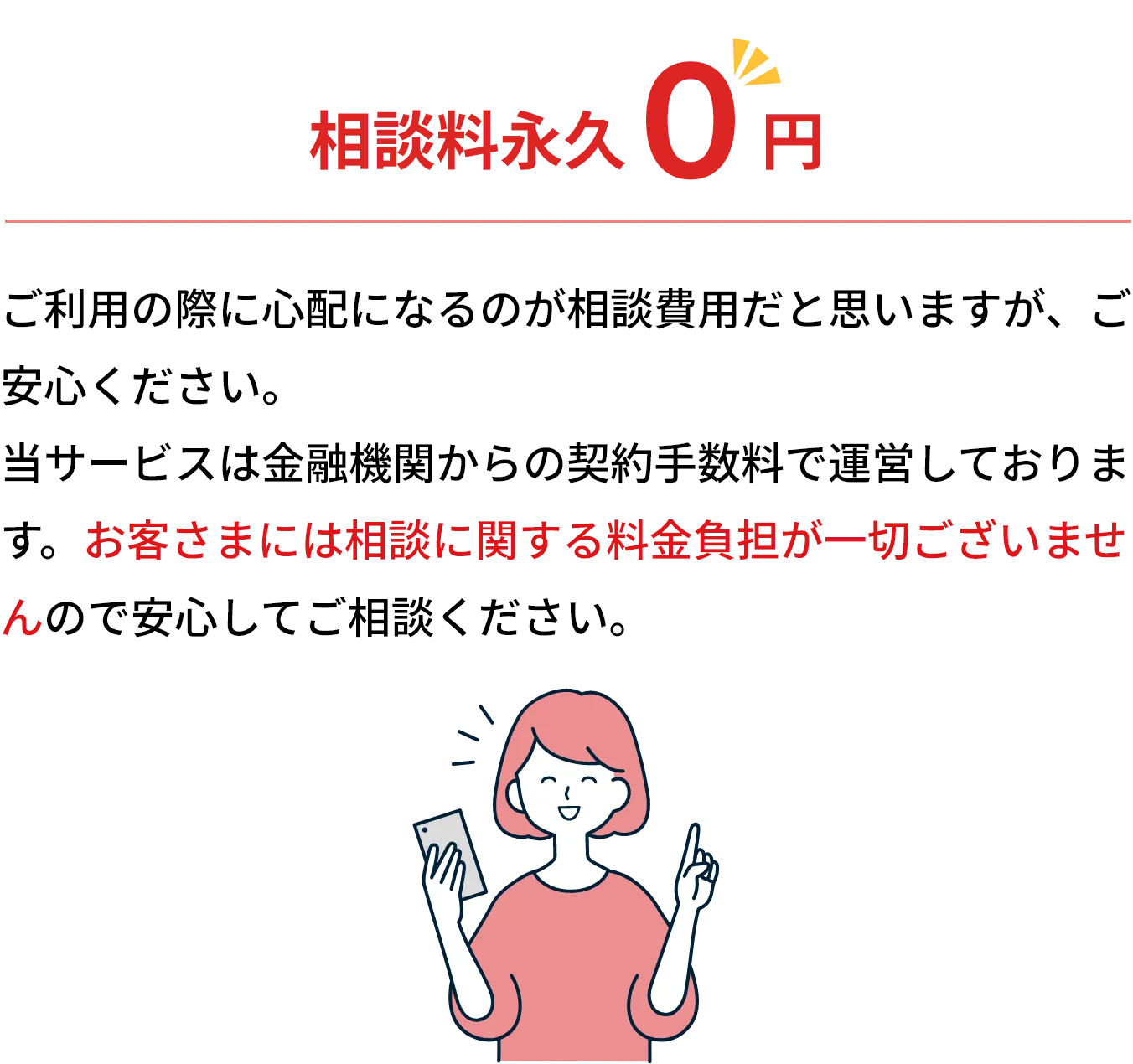 相談料永久 0円

        ご利用の際に心配になるのが相談費用だと思いますが、ご安心ください。
        当サービスは金融機関からの契約手数料で運営しております。お客さまには相談に関する料金負担が一切ございませんので安心してご相談ください。